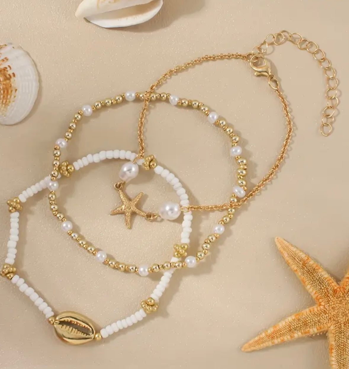 3pcs Boho Beaded Anklet Set for Women ā Starfish & Shell Charms, Perfect for Beach Days and Summer Style