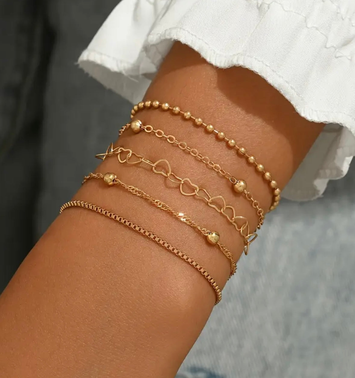 5pcs Minimalist Heart & Beaded Chain Bracelet Set for Women – Available in Silver and Gold, Elegant Everyday Jewelry