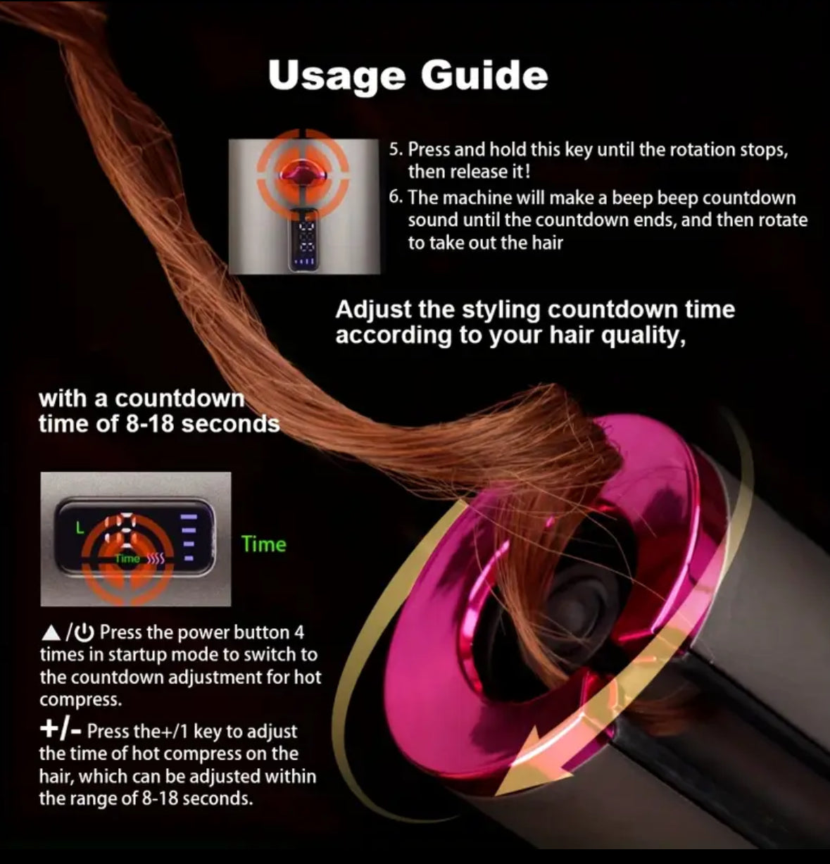 Wireless USB Rechargeable Hair Curling Wand – Automatic Rotating Curling Iron with 5 Heat Settings, Adjustable Speed, and Left/Right Curling for All Hair Types