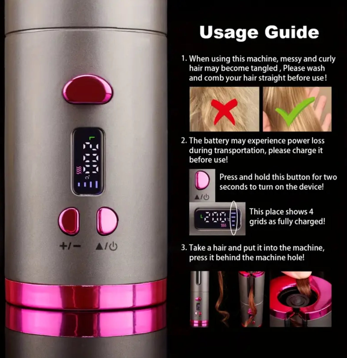 Wireless USB Rechargeable Hair Curling Wand – Automatic Rotating Curling Iron with 5 Heat Settings, Adjustable Speed, and Left/Right Curling for All Hair Types