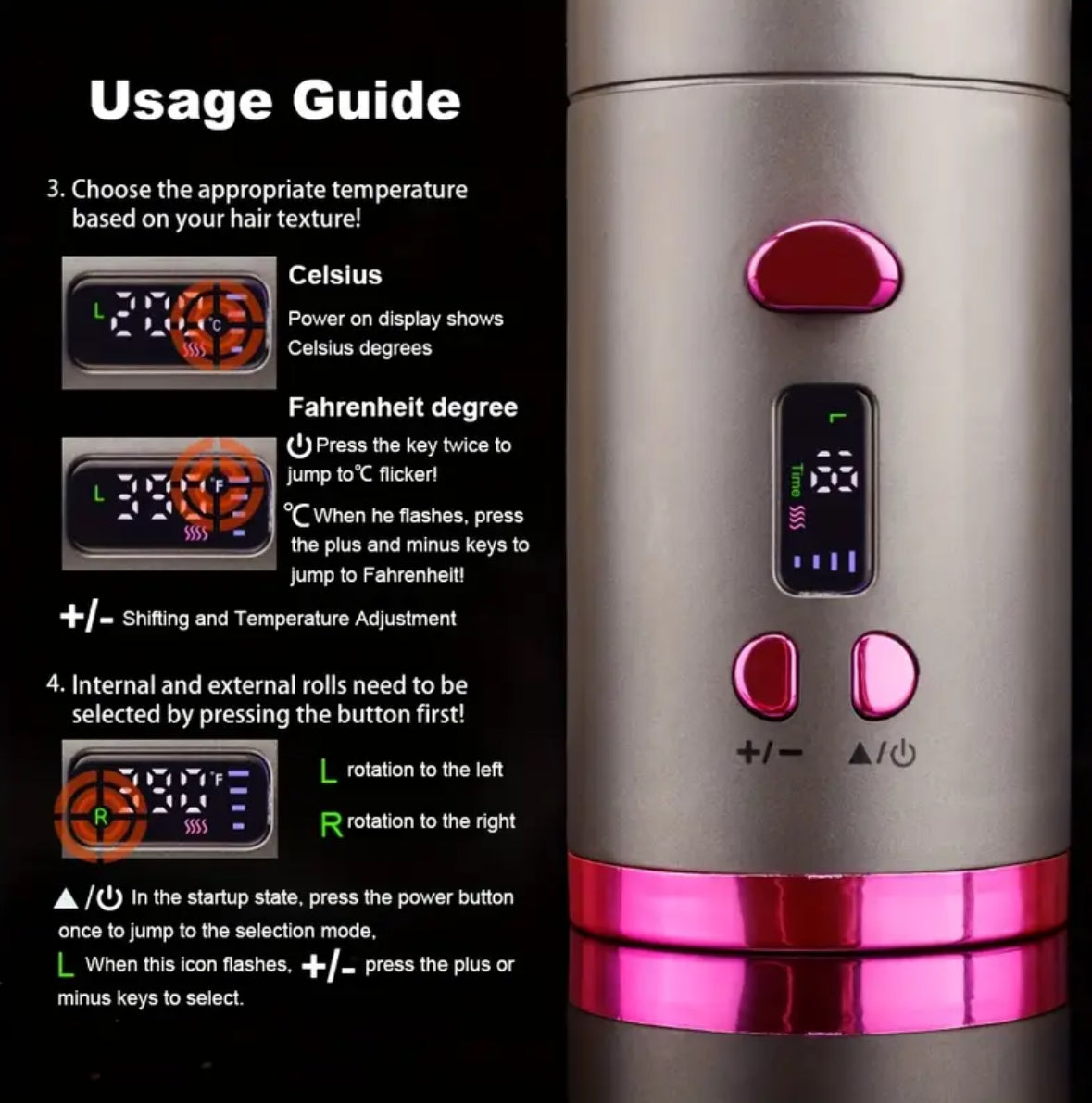 Wireless USB Rechargeable Hair Curling Wand – Automatic Rotating Curling Iron with 5 Heat Settings, Adjustable Speed, and Left/Right Curling for All Hair Types