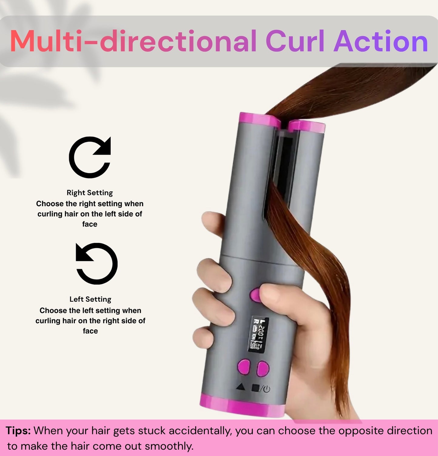 Wireless USB Rechargeable Hair Curling Wand – Automatic Rotating Curling Iron with 5 Heat Settings, Adjustable Speed, and Left/Right Curling for All Hair Types