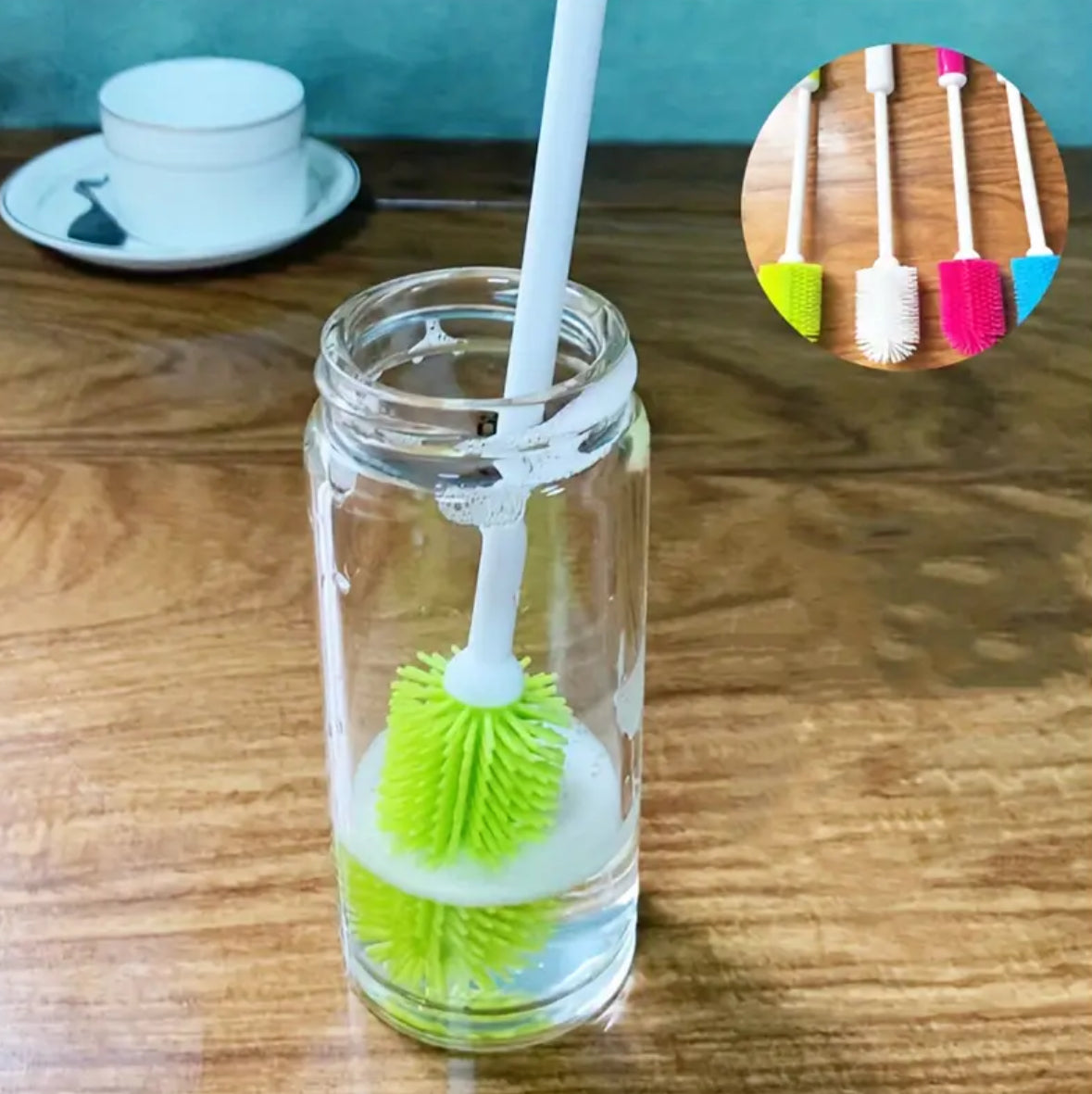 360° Rotating Silicone Cleaning Brush – Long Handle, Reusable Bottle, Cup & Container Cleaner