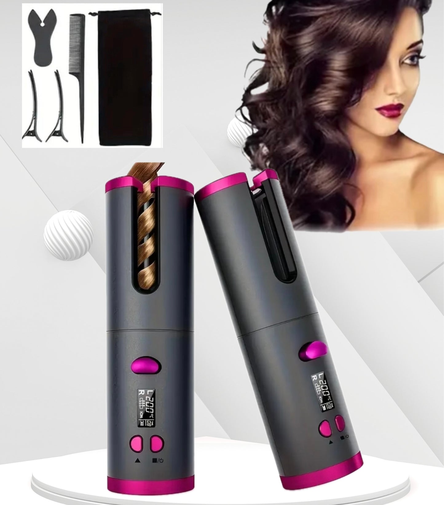 Wireless USB Rechargeable Hair Curling Wand – Automatic Rotating Curling Iron with 5 Heat Settings, Adjustable Speed, and Left/Right Curling for All Hair Types
