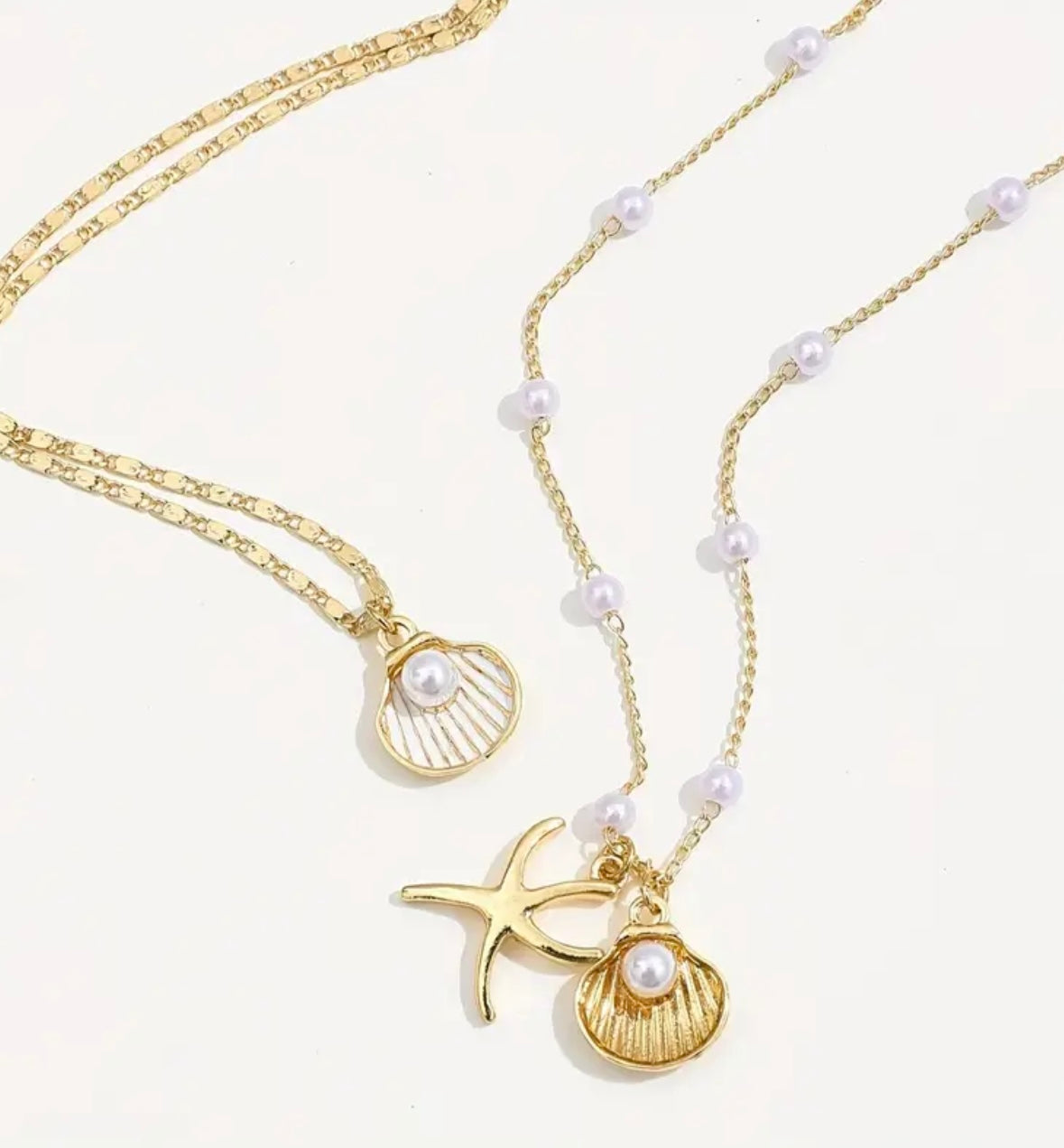 2pcs Elegant Pendant Necklace Set – Alloy Chain with Imitation Pearls, Shell & Starfish Charms, Simple and Stylish Jewelry for Women