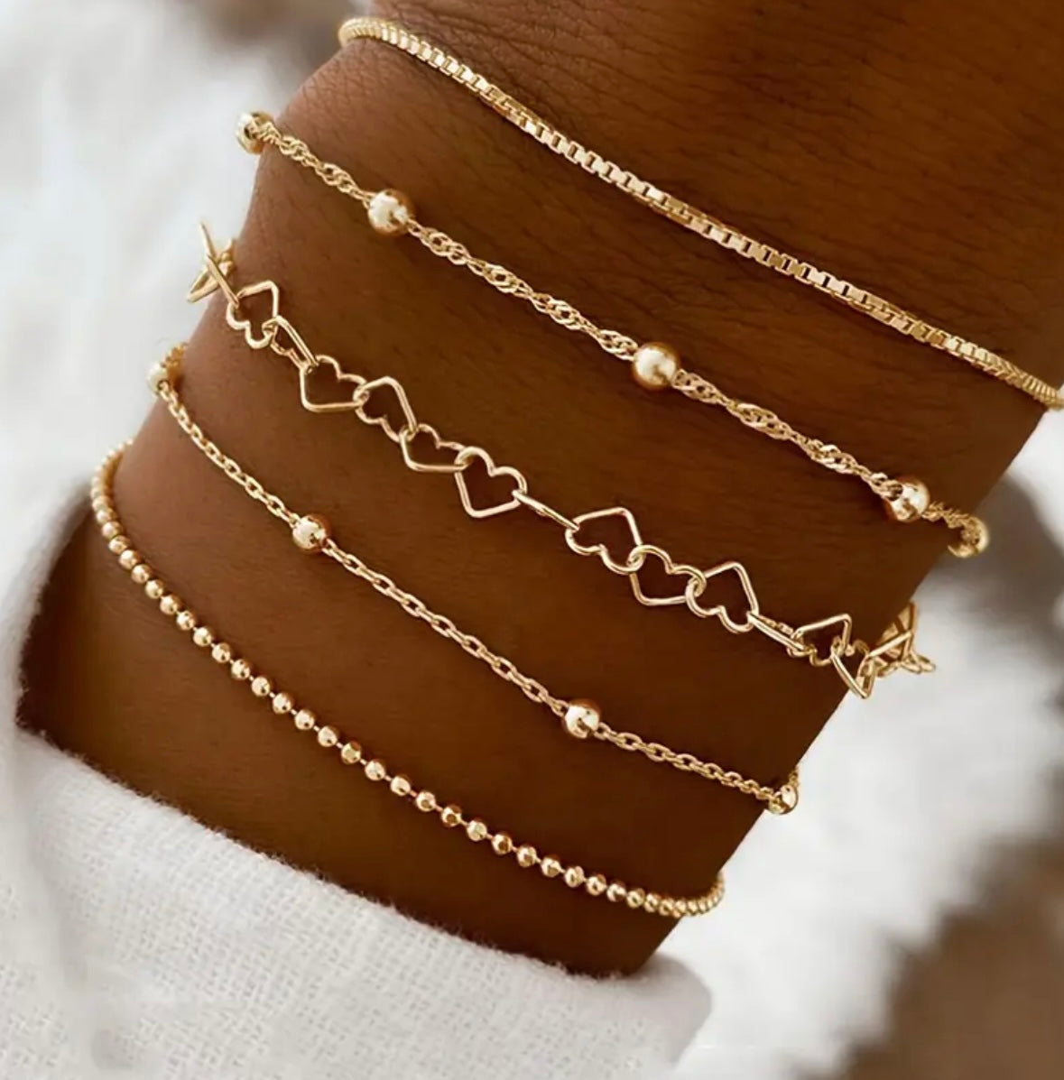 5pcs Minimalist Heart & Beaded Chain Bracelet Set for Women – Available in Silver and Gold, Elegant Everyday Jewelry