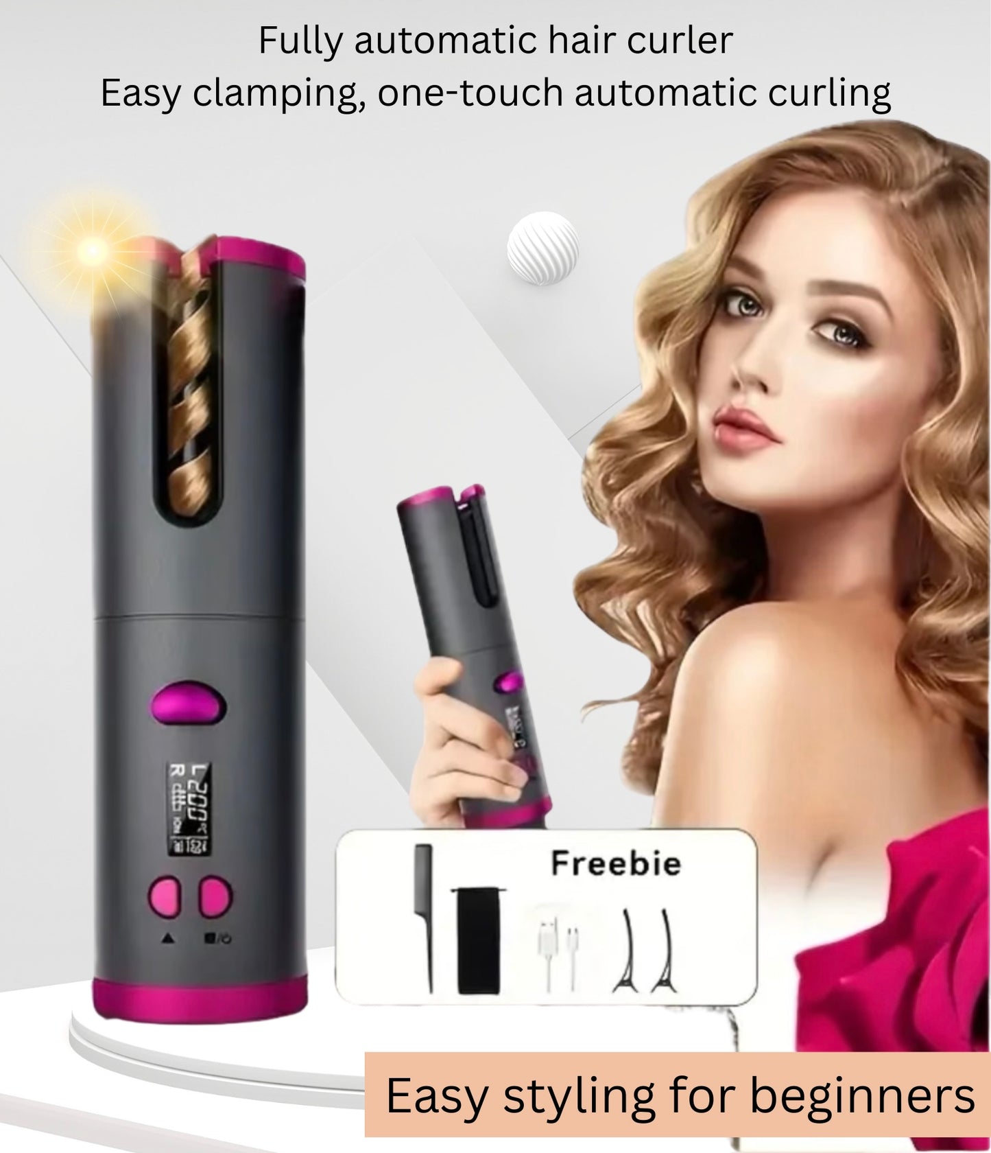 Wireless USB Rechargeable Hair Curling Wand – Automatic Rotating Curling Iron with 5 Heat Settings, Adjustable Speed, and Left/Right Curling for All Hair Types
