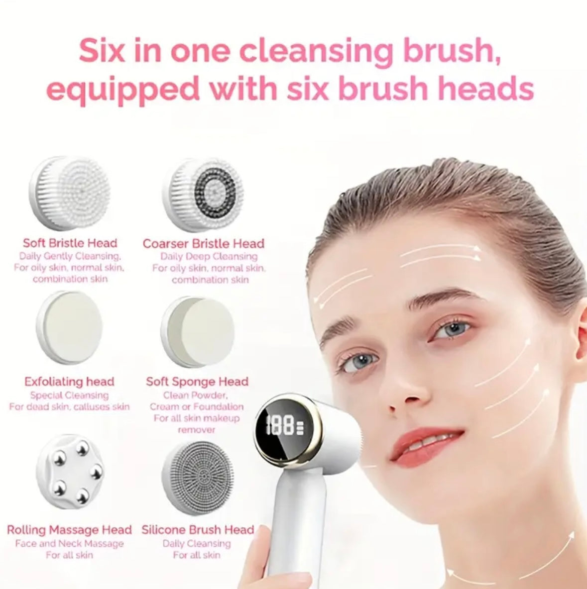 6-in-1 Electric Facial Cleansing Brush – Deep Pore Cleanser, Gentle Exfoliating & Massaging Spin Brush with Soft Bristles for Daily Skincare Routine, Handheld Multifunctional Face Scrubber