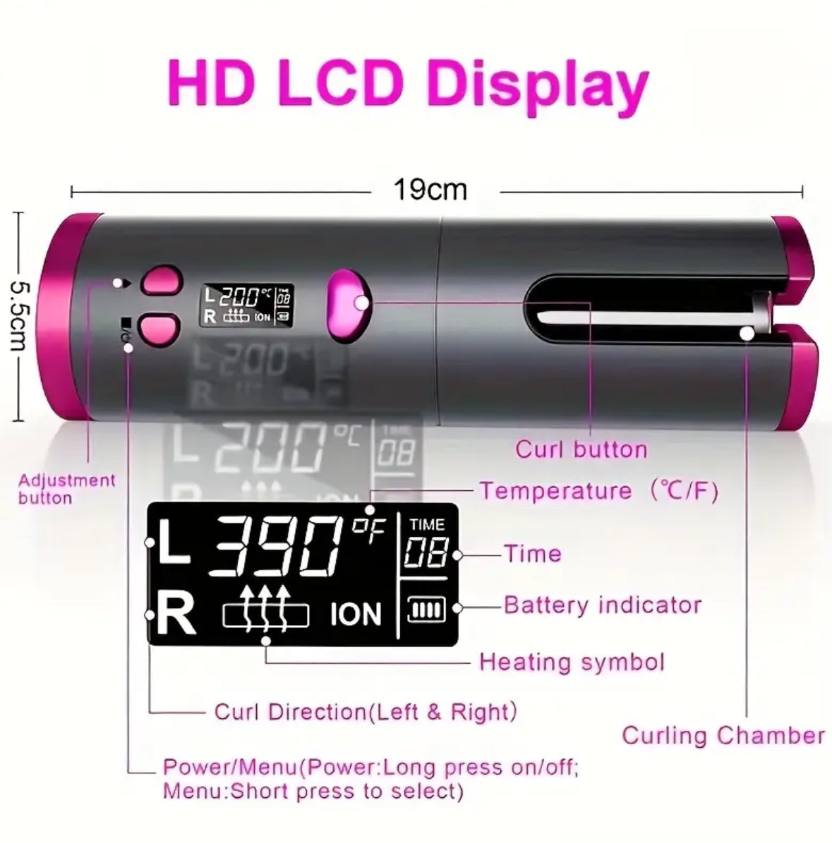 Wireless USB Rechargeable Hair Curling Wand – Automatic Rotating Curling Iron with 5 Heat Settings, Adjustable Speed, and Left/Right Curling for All Hair Types