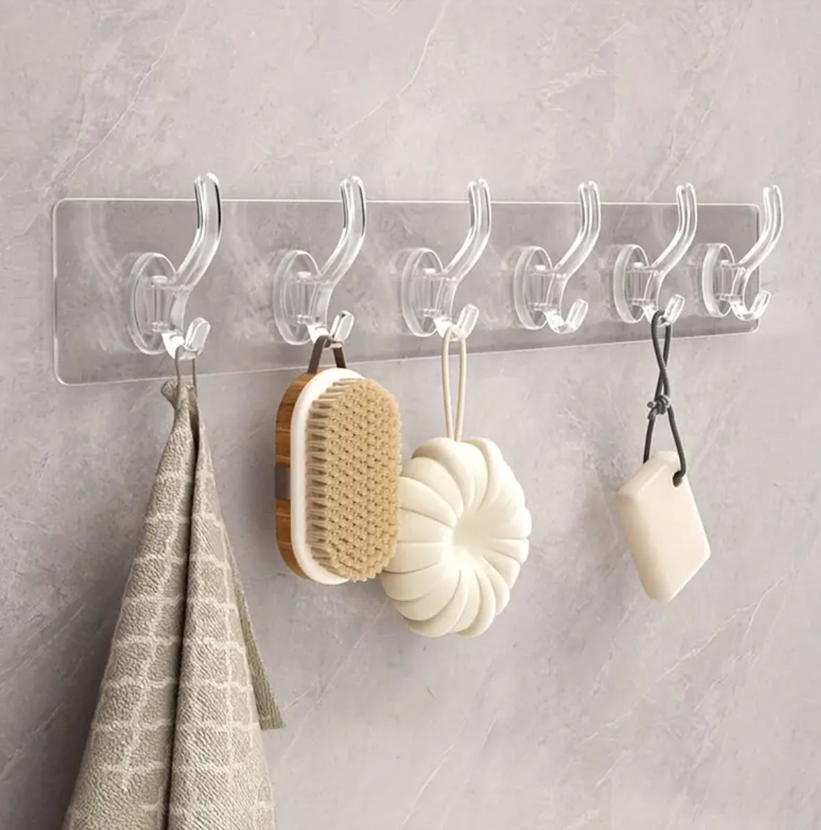 1pc Acrylic Transparent 6-Hook Wall Rack – Self-Adhesive Traceless Hanging Hook for Kitchen, Bathroom, Bedroom & Living Room