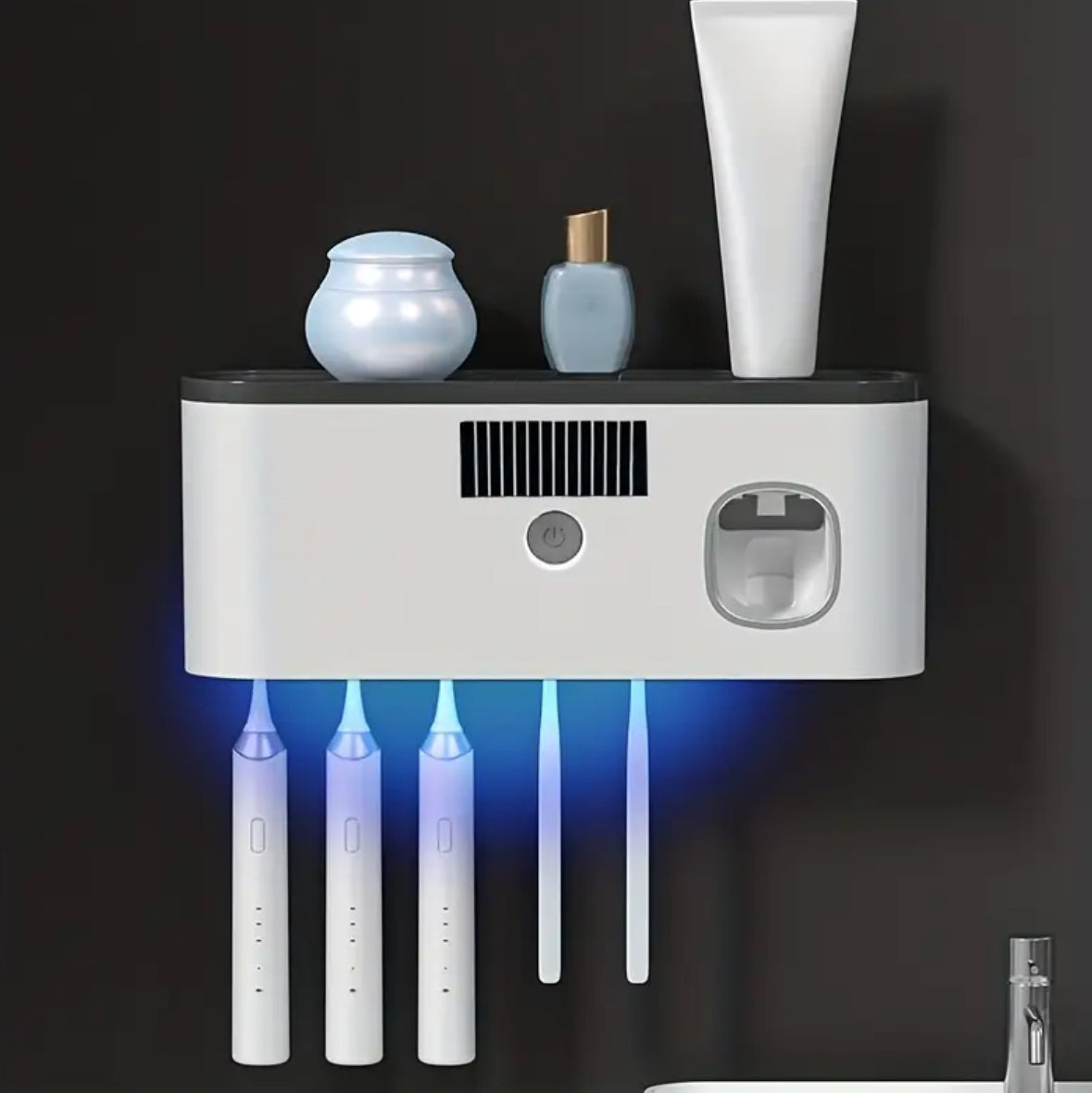 Automatic Toothpaste Dispenser with Smart Toothbrush Holder – 5-Slot Wall-Mounted Bathroom Organizer, USB Rechargeable & Stylish Home Decor