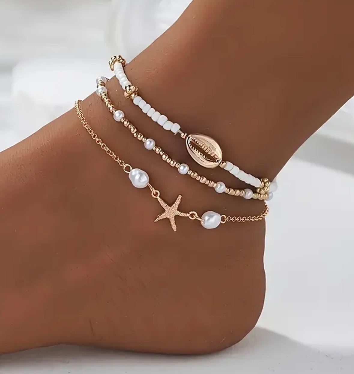 3pcs Boho Beaded Anklet Set for Women – Starfish & Shell Charms, Perfect for Beach Days and Summer Style