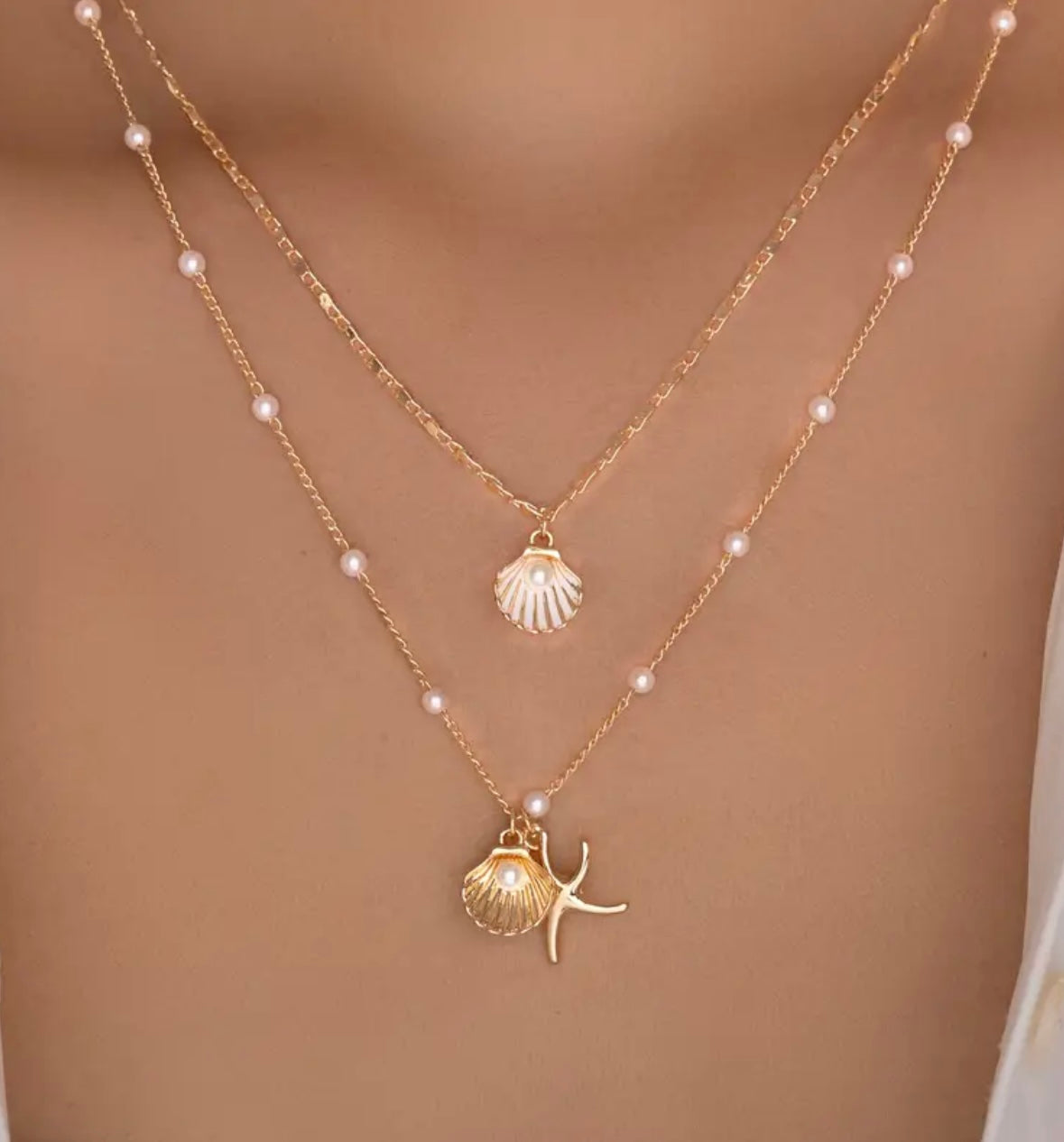 2pcs Elegant Pendant Necklace Set – Alloy Chain with Imitation Pearls, Shell & Starfish Charms, Simple and Stylish Jewelry for Women