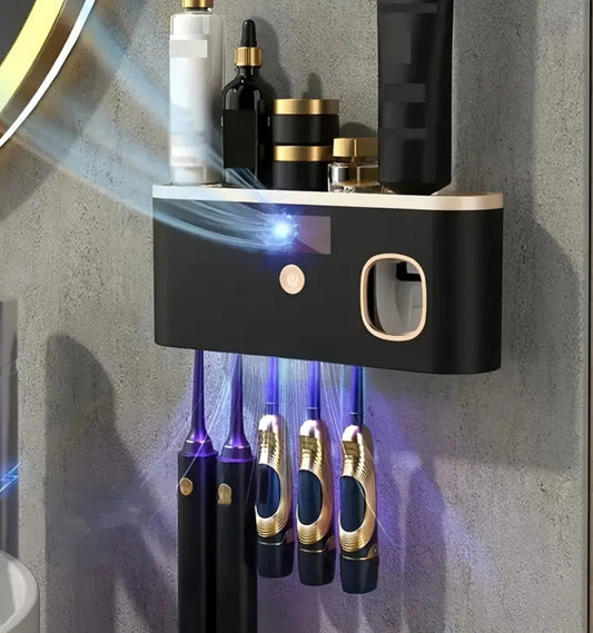 Automatic Toothpaste Dispenser with Smart Toothbrush Holder – 5-Slot Wall-Mounted Bathroom Organizer, USB Rechargeable & Stylish Home Decor