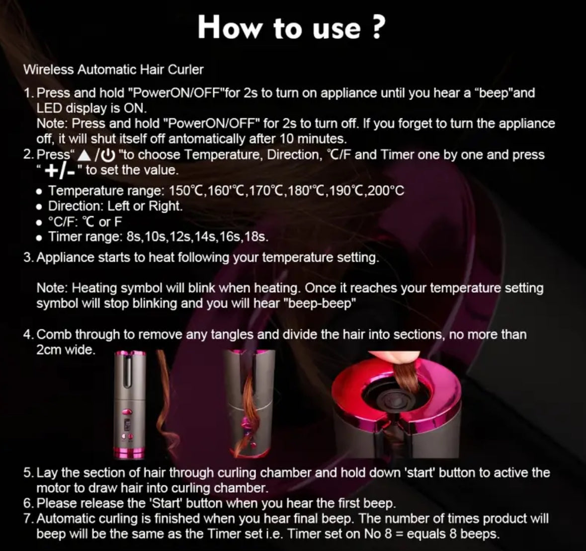 Wireless USB Rechargeable Hair Curling Wand – Automatic Rotating Curling Iron with 5 Heat Settings, Adjustable Speed, and Left/Right Curling for All Hair Types