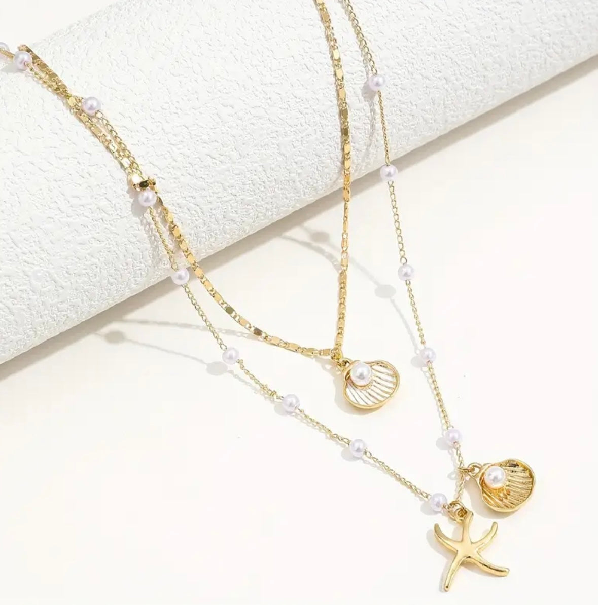 2pcs Elegant Pendant Necklace Set – Alloy Chain with Imitation Pearls, Shell & Starfish Charms, Simple and Stylish Jewelry for Women