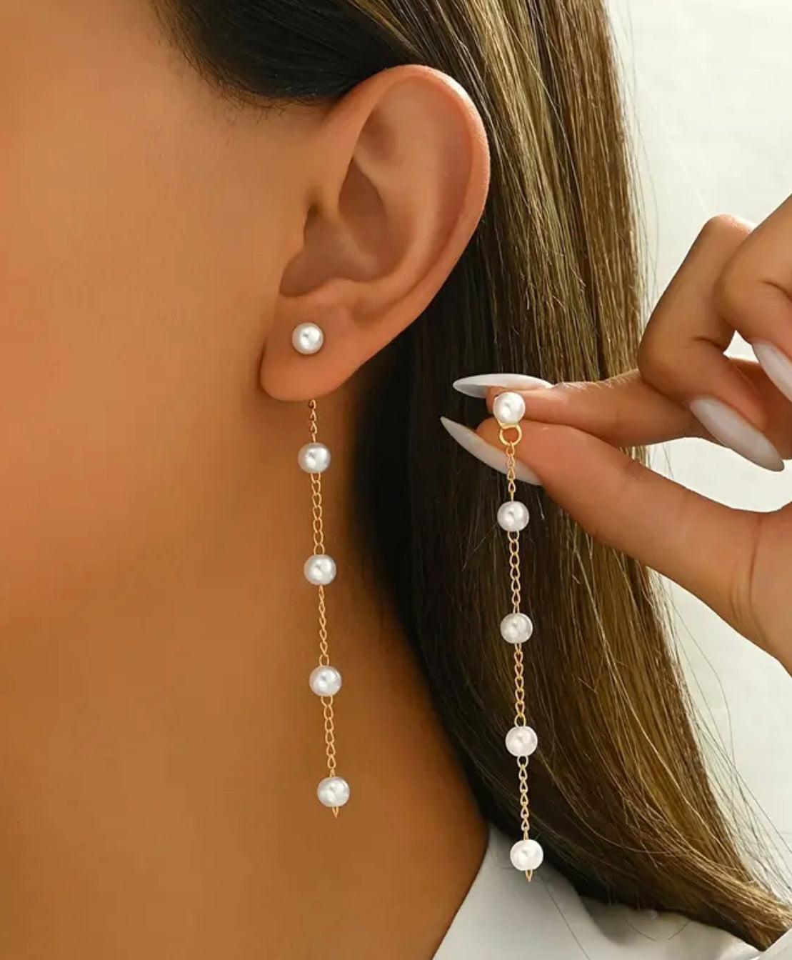 2pcs Elegant Pearl Drop Earrings for Women – Long Dangle Design with Iron Posts, Versatile All-Season Jewelry for Daily and Formal Wear