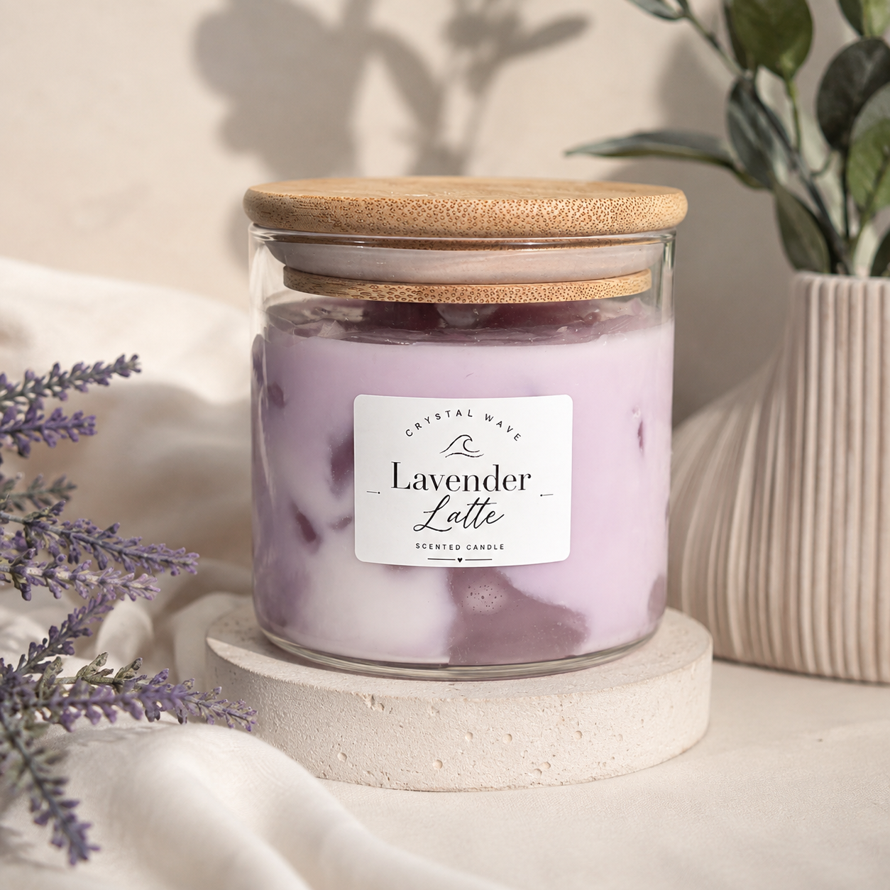 Crystal Wave Lavender Latte Candle | Luxury Soy Blend Scented Candle with Bamboo Lid