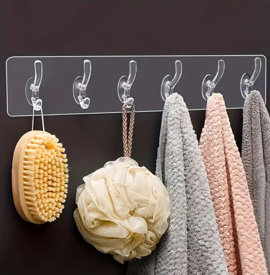 1pc Acrylic Transparent 6-Hook Wall Rack – Self-Adhesive Traceless Hanging Hook for Kitchen, Bathroom, Bedroom & Living Room