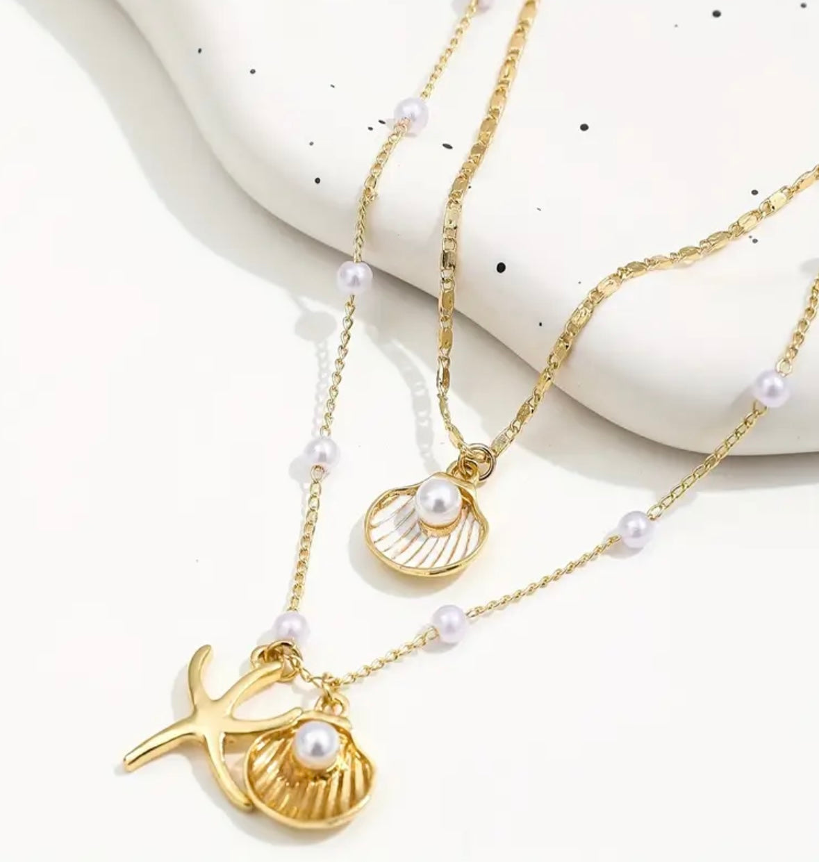 2pcs Elegant Pendant Necklace Set – Alloy Chain with Imitation Pearls, Shell & Starfish Charms, Simple and Stylish Jewelry for Women