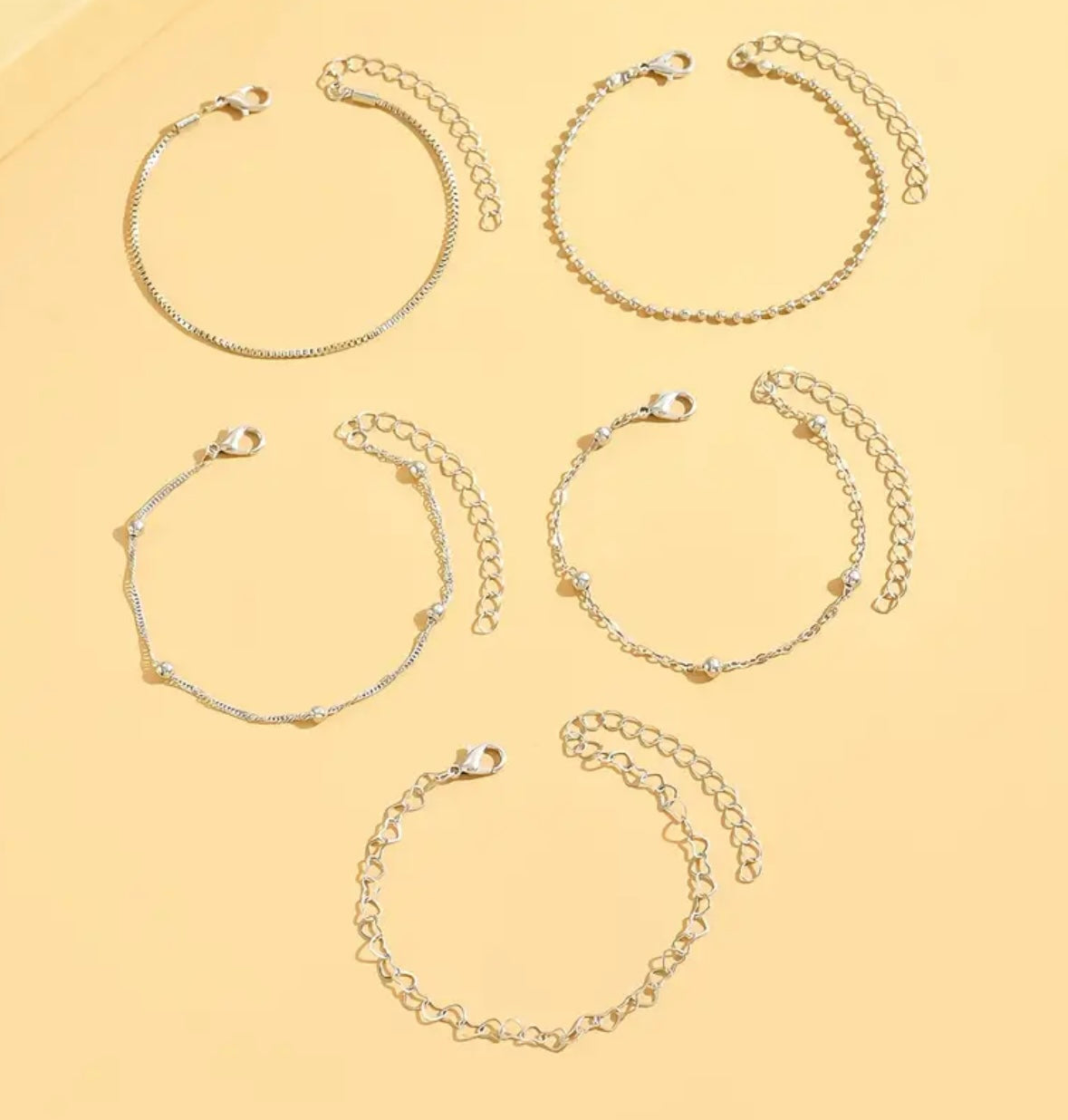 5pcs Minimalist Heart & Beaded Chain Bracelet Set for Women – Available in Silver and Gold, Elegant Everyday Jewelry